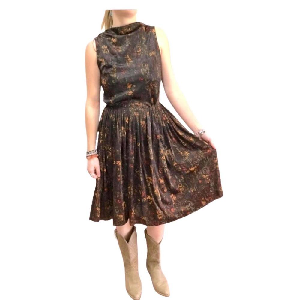 Mid-Century Fall Colors Pleated Waist Swing Dress